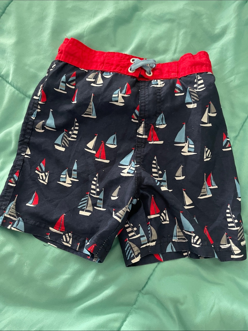 Boys Navy Sailboat Swim Trunks with Red Waistband